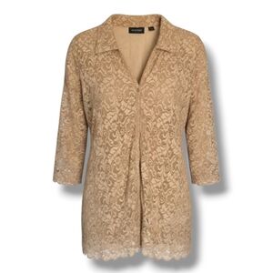 Avenue Stretch Women's Plus Size beige lace lined button-down Blouse - 18/20